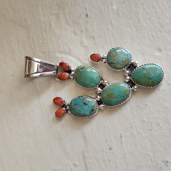Gorgeous NWOT Native American Navajo Handmade Turquoise Cactus Pendant  🩵🌵💚🎁 - Picture 2 of 12